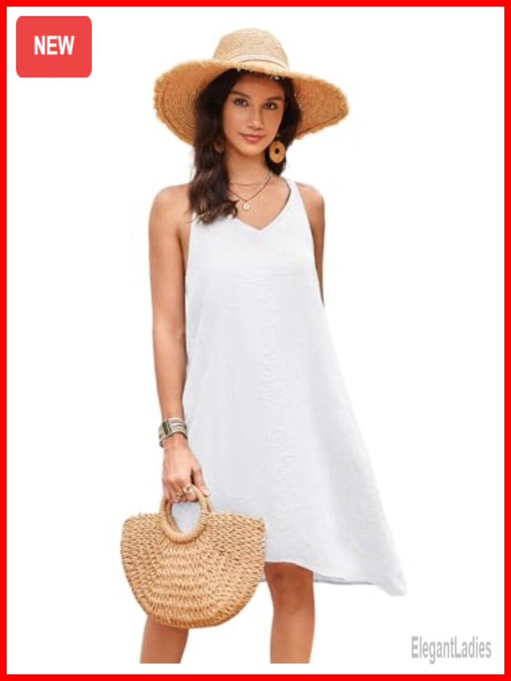100% Linen Sleeveless V Neck Halter High Low Midi Dress